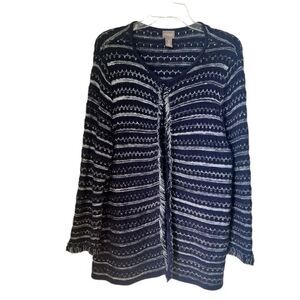 Chico's Women's Navy Blue White stripes Fringe Trim Cardigan Sweater Chico's 3